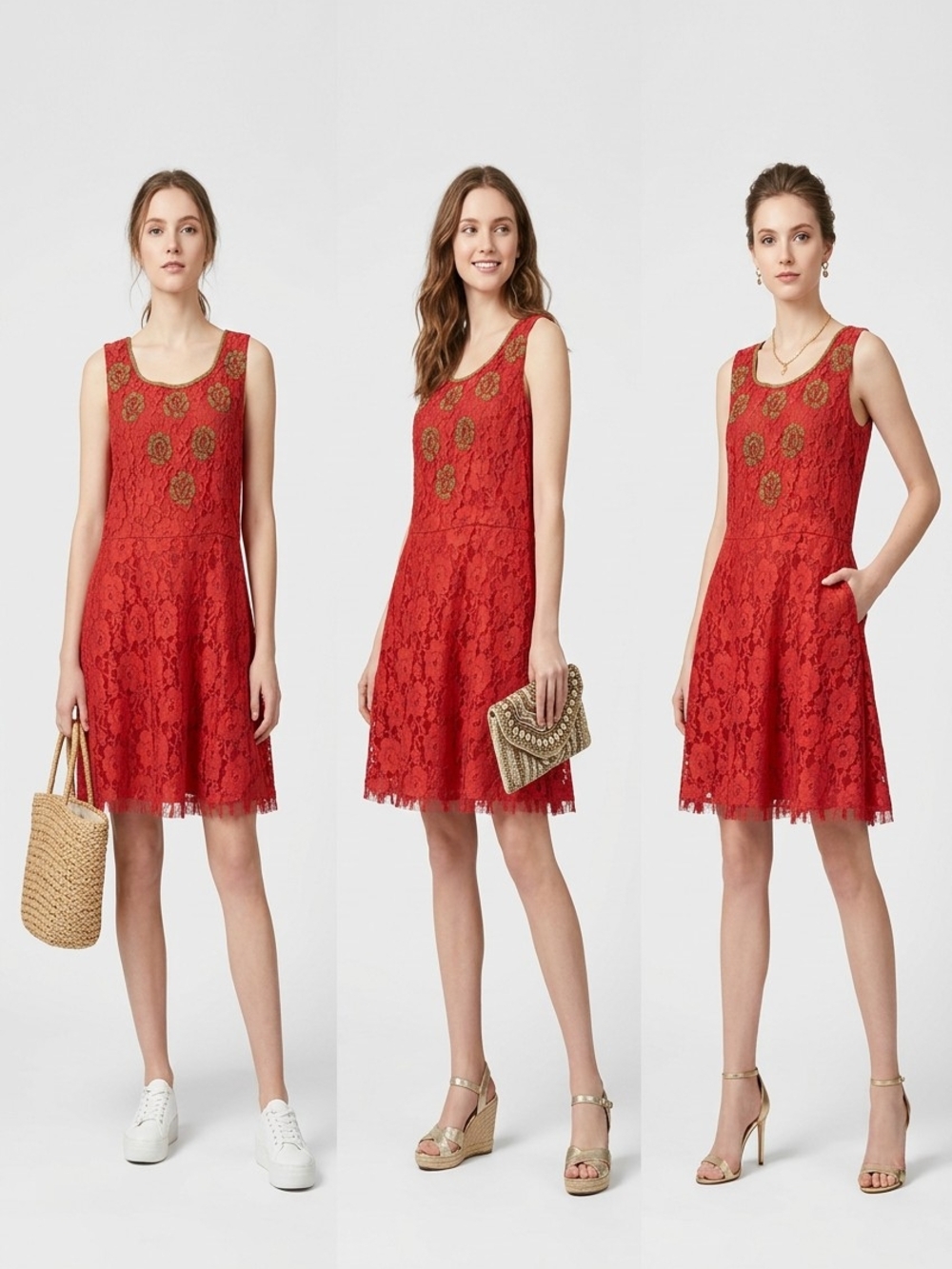 Rust Color Lace Sleeveless Mini Dress with Gold Medallion Detail